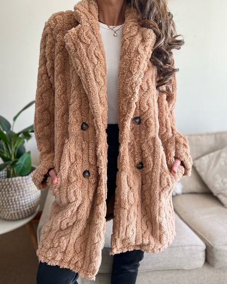 Notched Collar Double Breasted Pockets Design Longline Coat Casual Cable Textured Thermal Teddy Coat