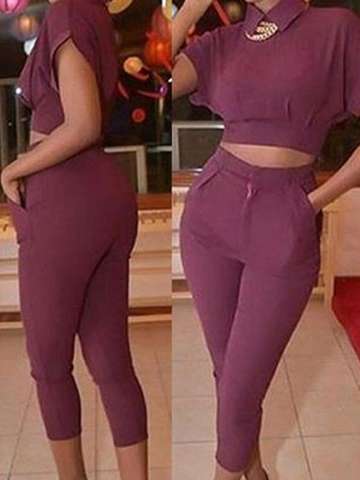 Women's Fashion  Simple Style Casual Suit  Set Turn Down Neck Tops+Skinny High Waist Pants Solid Color 2Pieces