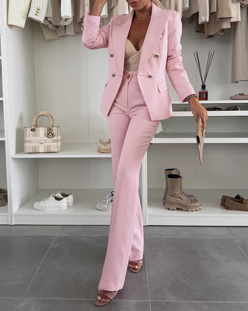2 Pieces Outfit Notched Collar Double-Breasted Blazer Set with Casual Slim Fit Flared Work Pants Set
