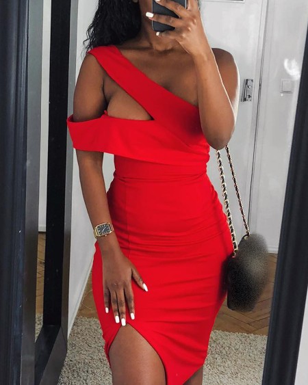 One Shoulder Cutout Ruched Slit Party Dress