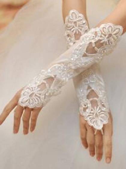 Bridal Satin Face Embroidered Gloves Wedding Accessory Fashion Hollow Out Seamed Bead Lace Fingerless Gloves
