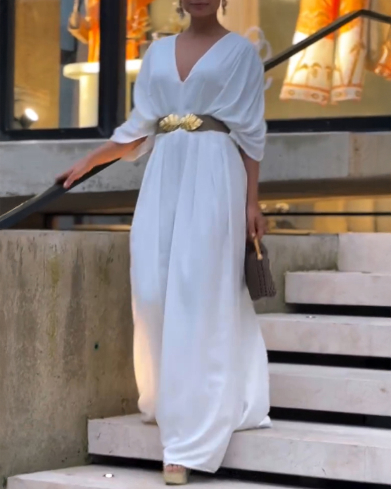 V-Neck Half Sleeve Ruched Jumpsuit