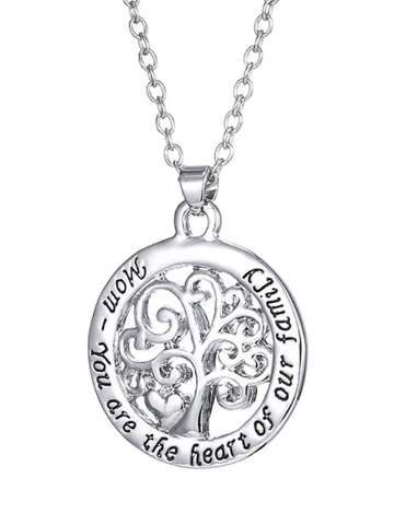 Fashion Round Hollow Tree Letter Print Drop Chain Pendant Necklace Jewelry Accessories Gifts