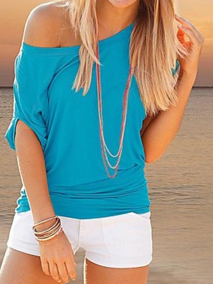 Women's Fashion Handkerchief Hem Short Sleeve Boat Neck Dolman Top