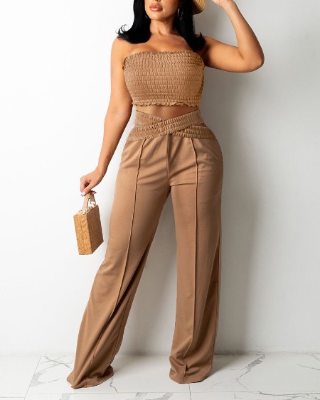 Bandeau Shirred Crop Top & Wide Legs Cutout Pants Set