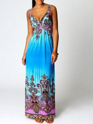 Women' s Fashion Dress Digital Print Halter Deep V Bohemia Maxi Dress Sleeveless Backless Cassual Beachwear Dress
