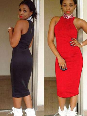 Women's Fashion Sexy Slim Fit Printed Stretch High Collar Sleeveless Back Zipper Bodycon Party Dress