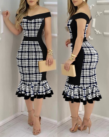 Houndstooth Print Off Shoulder Bodycon Dress Ruffle Hem Vintage Mid-length Dress
