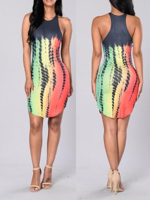 Women's Fashion Sexy Backless strip print Slim Sleeveless package hip Casual Dress