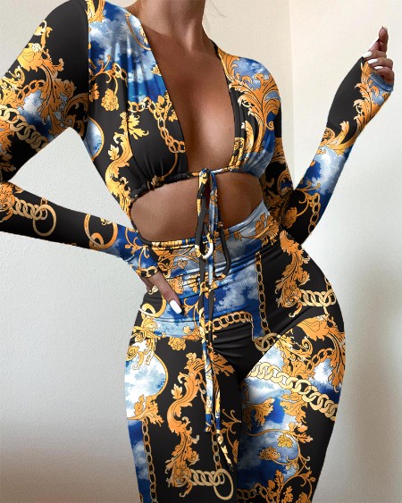 Scarf Print Cut-Out Tie Front Crop Skinny Jumpsuit