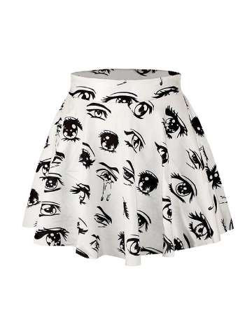 Women's Fashion Eyes Digital Print High Waist Dresses Flared Skater Mini Skirts