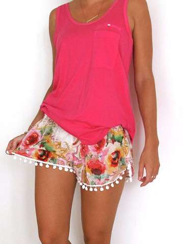 Vintage Girls Flowers Print Shorts Hot Shorts Fringe Edge High Waisted Beach Shorts