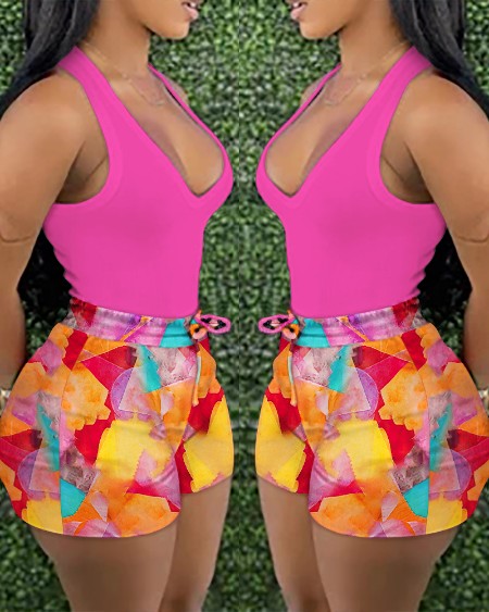 Halter Tank Top & Colorblock Print Shorts Set