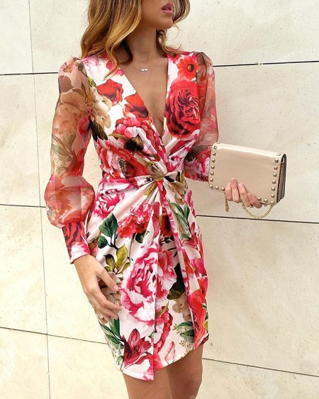 Floral Print Sheer Mesh Long Sleeve Twist Front Dress Wrap Front Zipper Back Bodycon Dress
