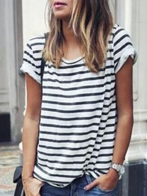 Women's Summer O Neck Tops Striped Short Sleeve T-Shirts Batwing Loose Casual Shirt