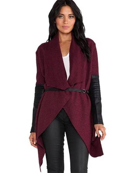 Winter Fall Fashion Leather Patchwork Coat Vintage Long Sleeve Overcoat Woolen Coat Trench Coat