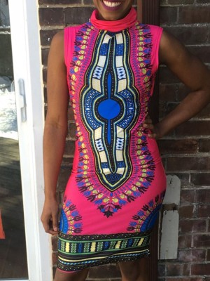 Fashion Totem Tribal Dress Multicolor Digital Print Casual Dress Sleeveless Vintage Halter Dress