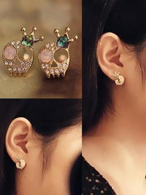 Gold Plated Fashion Korean Punk Skull Shiny Crystal Gem Crown Skeleton 18KGP Stud Earrings