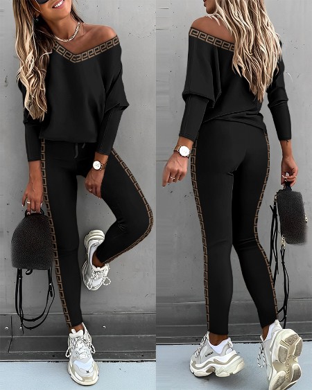 2 Pieces Outfit Skew Neck Gigot Sleeve Top and Drawstring Elastic Waist Slim Fit Pants Set Casual Geo Tape Patch Set