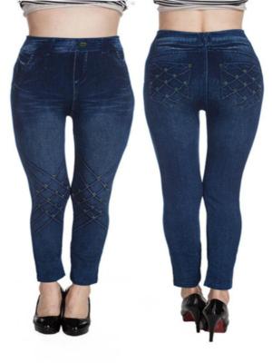 Women's Denim Look Jeans Rhombus Pattern Skinny Leggings Stretch Pants Trousers