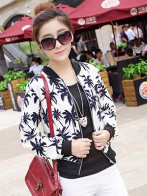 Women's Korean Style White Base And Black Floral Print Short Coat Zipper Long Sleeve Baseball Jacket Unifroms