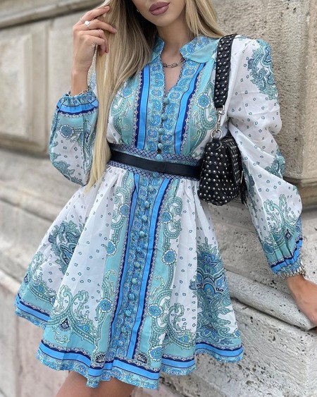 All Over Print Lantern Sleeve Shirt Dress