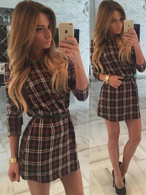 Women's Fashion Slim Temperament Splicing Red Scotland Grid Lapel Plaid Long Shirt Dress