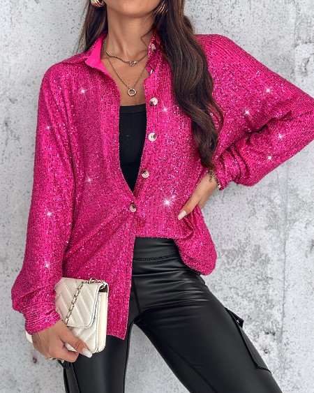 Allover Sequin Button-down Long Sleeve Shirt Top