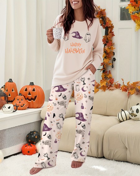 2 Pieces Outfit HAPPY HALLOWEEN Slogan & Graphic Print Long Sleeve Top and Graphic Print Elastic Waist Pants Set Casual Pajamas Set