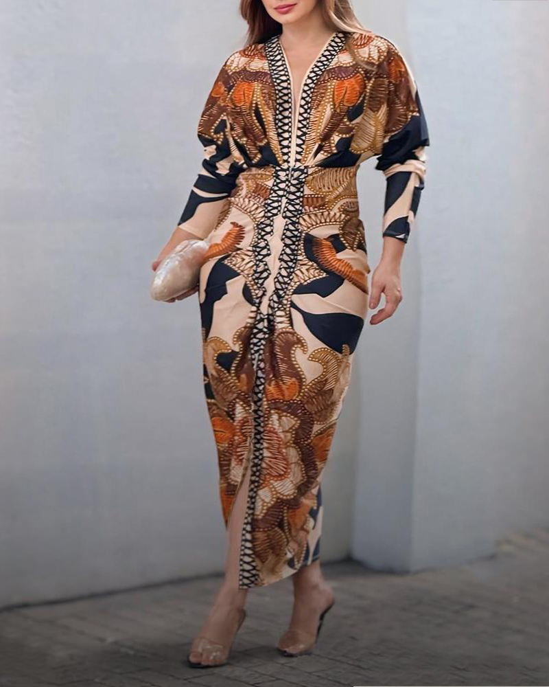 Plus Size Baroque Print Deep V Neck Long Sleeve Ruched Slim Fit Dress Slit Front Maxi Dress