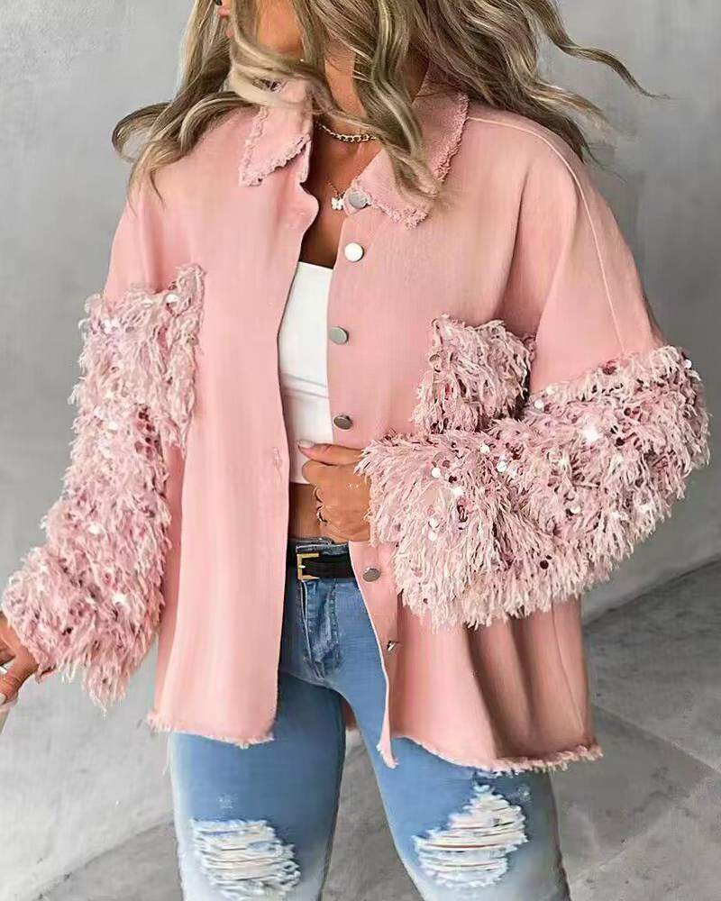 Contrast Sequin Fluffy Raw Hem Shacket