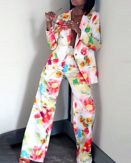 Floral Print Lapel Collar Double Breasted Blazer & Straight Leg Pants Set