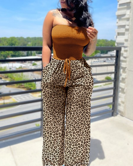 Cheetah Print Shirred Pocket Design Wide Leg Jumpsuit