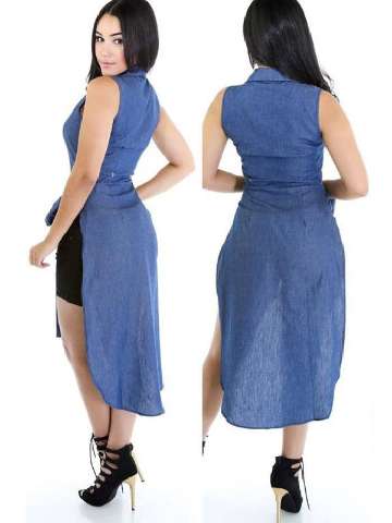 2015 Women Casual Denim Jeans Loose Cotton Half Sleeve T Shirt Dress Sexy V Neck Button Irregular Hem Dress