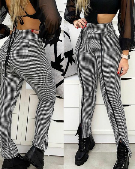 Houndstooth High Waist Zipper Front Skinny Pants