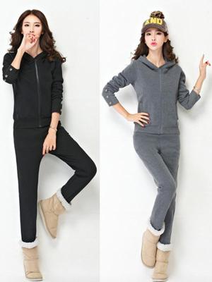 Plus Size Solid Color Women's Fashion Simple Sport Gym Long Sleeve Thicken With Velvet Jacket Hoodies + Casual Pants Sweat Suit Sets