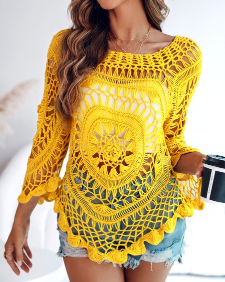 Boat Neck Batwing Sleeve Hollow-out Casual Top Asymmetrical Scallop Hem Crochet Pattern Cover Up
