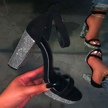Women's Rhinestone Buckle Heels Chunky Heel Sandals 