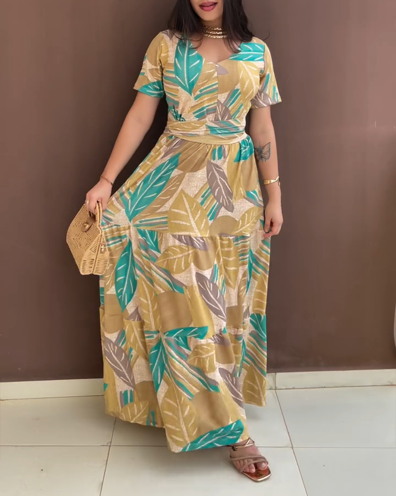 Plants Print V-Neck Short Sleeve Tie Waist Maxi Dress Casual Cinched Waist Ruffle Hem Vacation Dress
