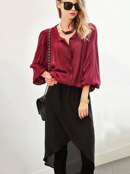 Fashion Slim Fit Suit Sets 2 Pieces Solid Color Chiffon Shirt Loose Batwing-sleeved Blouse+Black Pantskirt