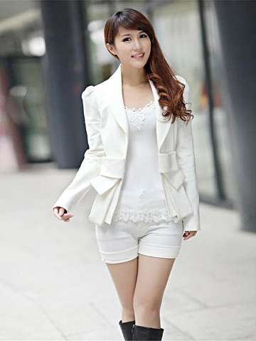 Women's Fall Fashion OL Suit Set White Bow-knot Coat Short Cardigan Tops Outwear Blazer
