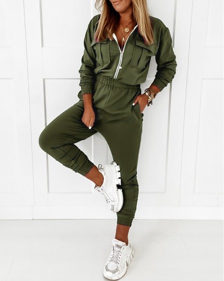 Zipper Design Shirred Pocket Design Jumpsuit