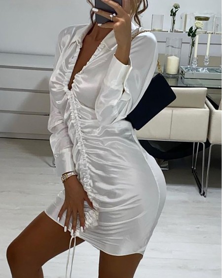 Long Sleeve Satin Ruched Drawstring Shirt Dress