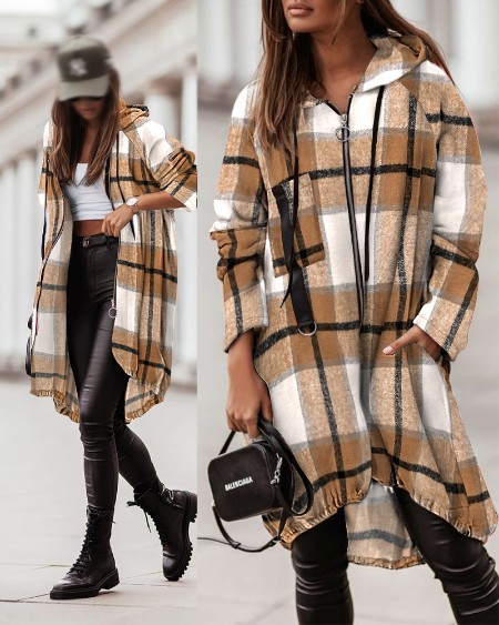 Plaid Pattern Shacket Jacket Zip Up Oversized Longline Shirt Casual Hooded Coats with Pockets