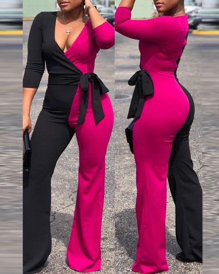 Colorblock Deep V Neck Tie Side Jumpsuit