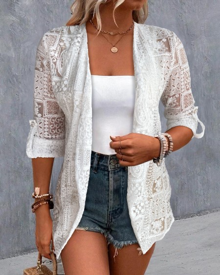 Open Front Floral Lace Embroidered Turn-Up Sleeves Coat Casual Lightweight Breathable Sheer Cardigan