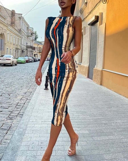 Striped Print Colorblock Sleeveless Backless Skinny Dress