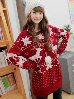 Korean Sweet Style Women Girls New Fashion Deer Maple Leaf Deer Jubilant Red Sweater