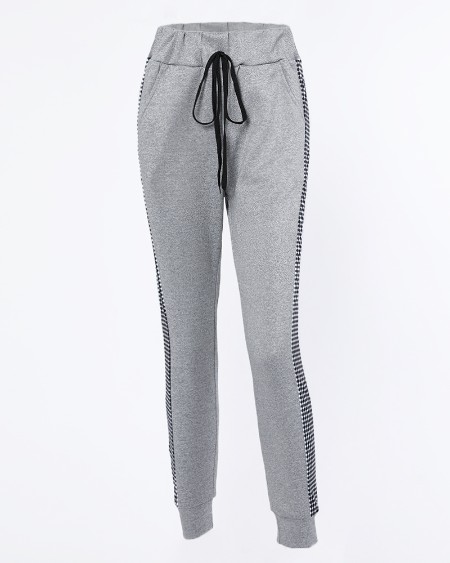 High Waist Plaid Print Patch Drawstring Sweatpants