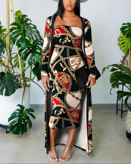 Chain Scarf Print Tube Bodycon Dress With Longline Coat